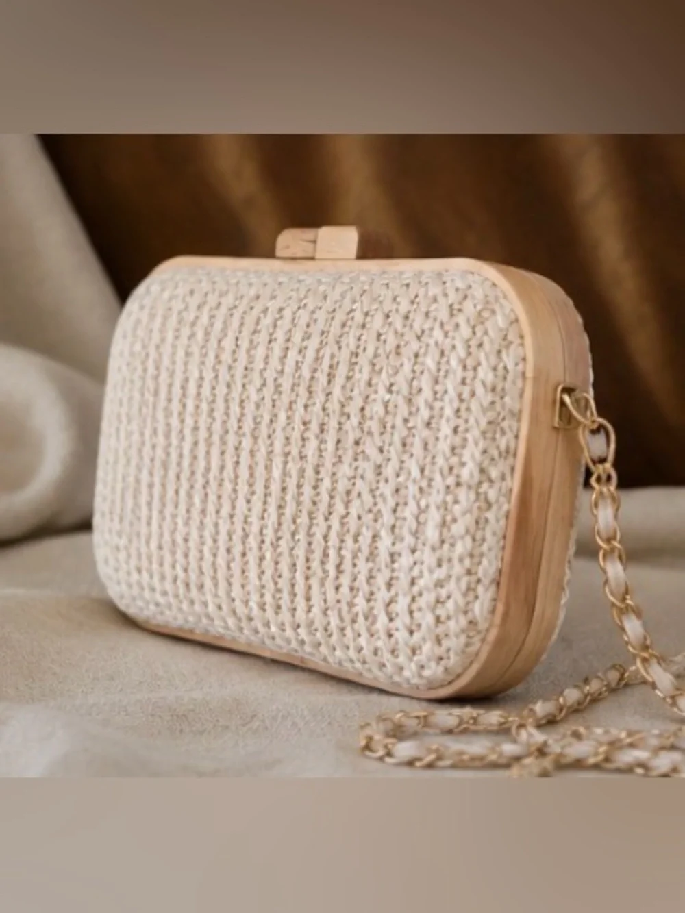 Tommy Bahama Raffia Woven Wood Frame Crossbody Clutch Gold Chain Natural NWT